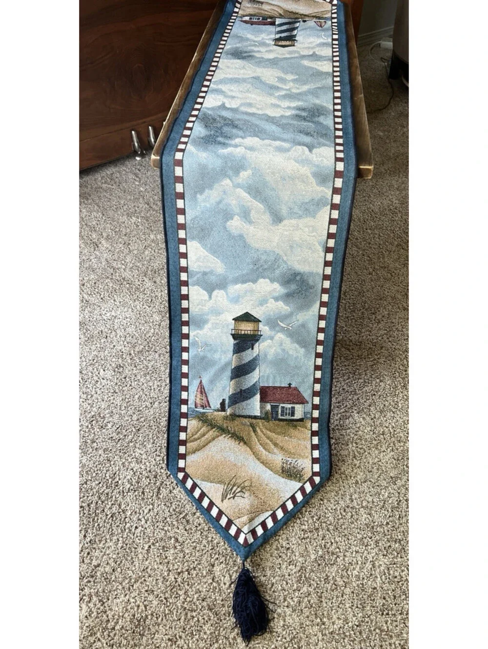 Lighthouse Tapestry Table Runner With Tassels 13x72 Beach House Theme Nautical
